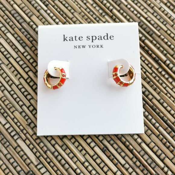 Kate Spade Rare Form Striped Huggies Red Earrings Gold